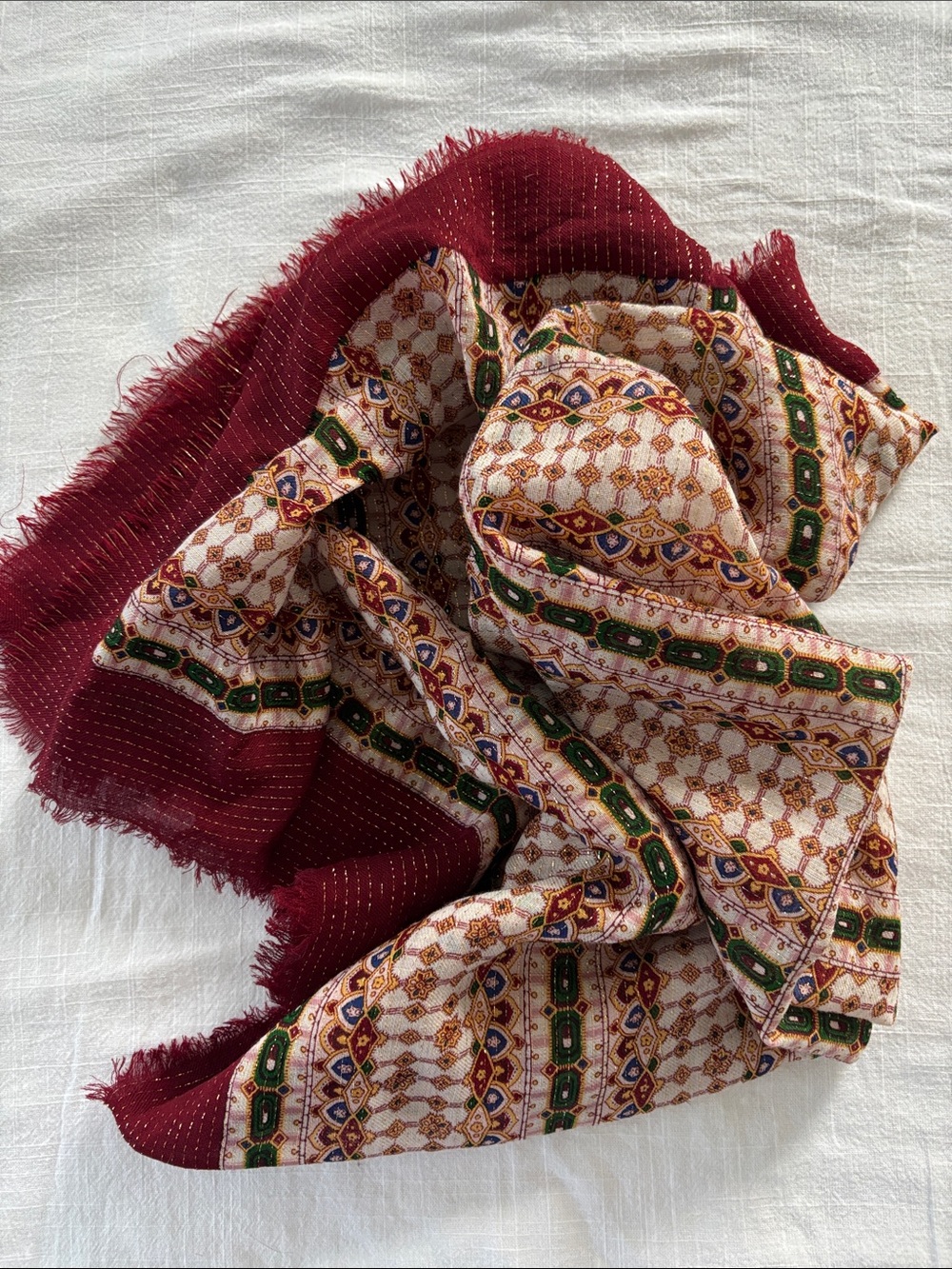 Vintage Metropolitan Museum of Art wool scarf,maroon/gold/green,metallic,42x42”